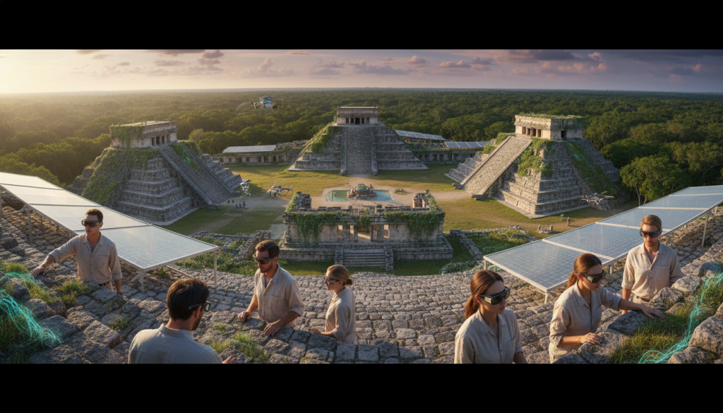 A panoramic view of Chichén Itzá in 2050, showcasing advanced climate-resilient archaeological preservation techniques at ancient Maya sites. In the foreground, engineers in professional attire examine bio-restored stone structures, surrounded by innovative organic materials. The middle ground features a blend of reconstructed temples with green landscaping, integrating nature and technology, including solar panels and rainwater collection systems. In the background, lush jungle under a vibrant, partly cloudy sky hints at ecological balance. Soft, warm lighting casts gentle shadows, creating a hopeful, yet contemplative atmosphere, emphasizing the sacrifices made for survival while preserving heritage. The composition utilizes a wide-angle lens to enhance depth, inviting the viewer into this harmonious future. A panoramic view of Chichén Itzá in 2050, showcasing advanced climate-resilient archaeological preservation techniques at ancient Maya sites. In the foreground, engineers in professional attire examine bio-restored stone structures, surrounded by innovative organic materials. The middle ground features a blend of reconstructed temples with green landscaping, integrating nature and technology, including solar panels and rainwater collection systems. In the background, lush jungle under a vibrant, partly cloudy sky hints at ecological balance. Soft, warm lighting casts gentle shadows, creating a hopeful, yet contemplative atmosphere, emphasizing the sacrifices made for survival while preserving heritage. The composition utilizes a wide-angle lens to enhance depth, inviting the viewer into this harmonious future.