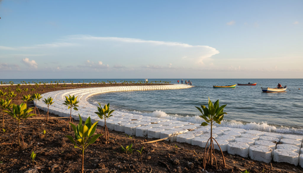 A serene coastal scene of mangrove reforestation in Maceió, showcasing an innovative geofoam array integrated with living shorelines. In the foreground, healthy mangrove trees emerge from the vibrant, rich soil, their roots gripping onto the engineered geofoam structure, which is designed to prevent erosion. The middle ground features a gently curving shoreline with soft waves lapping at the edges of the eco-engineered barrier, while small fishing boats can be seen nearby, emphasizing local community engagement. In the background, a bright blue sky filled with fluffy white clouds provides a hopeful atmosphere, with the warm sunlight casting soft shadows, creating depth. This image encapsulates a balance between technology and nature, portraying a sustainable future for Maceió. A serene coastal scene of mangrove reforestation in Maceió, showcasing an innovative geofoam array integrated with living shorelines. In the foreground, healthy mangrove trees emerge from the vibrant, rich soil, their roots gripping onto the engineered geofoam structure, which is designed to prevent erosion. The middle ground features a gently curving shoreline with soft waves lapping at the edges of the eco-engineered barrier, while small fishing boats can be seen nearby, emphasizing local community engagement. In the background, a bright blue sky filled with fluffy white clouds provides a hopeful atmosphere, with the warm sunlight casting soft shadows, creating depth. This image encapsulates a balance between technology and nature, portraying a sustainable future for Maceió.