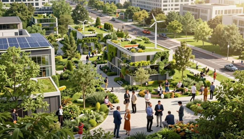 A vibrant 15-minute city in the USA, showcasing biophilic urbanism and green infrastructure. In the foreground, diverse professionals in smart business attire engage around a community park, surrounded by vertical gardens and green roofs. The middle ground features an array of eco-friendly buildings with solar panels and wind turbines, seamlessly integrating nature with urban life. In the background, wide walkways and bike lanes wind through lush greenery, encouraging sustainable transport. Soft, warm sunlight filters through the trees, casting gentle shadows that create an inviting atmosphere. The perspective captures a dynamic lens angle that emphasizes the interaction between nature and urban innovation, evoking a sense of hope and community in urban planning. A vibrant 15-minute city in the USA, showcasing biophilic urbanism and green infrastructure. In the foreground, diverse professionals in smart business attire engage around a community park, surrounded by vertical gardens and green roofs. The middle ground features an array of eco-friendly buildings with solar panels and wind turbines, seamlessly integrating nature with urban life. In the background, wide walkways and bike lanes wind through lush greenery, encouraging sustainable transport. Soft, warm sunlight filters through the trees, casting gentle shadows that create an inviting atmosphere. The perspective captures a dynamic lens angle that emphasizes the interaction between nature and urban innovation, evoking a sense of hope and community in urban planning.