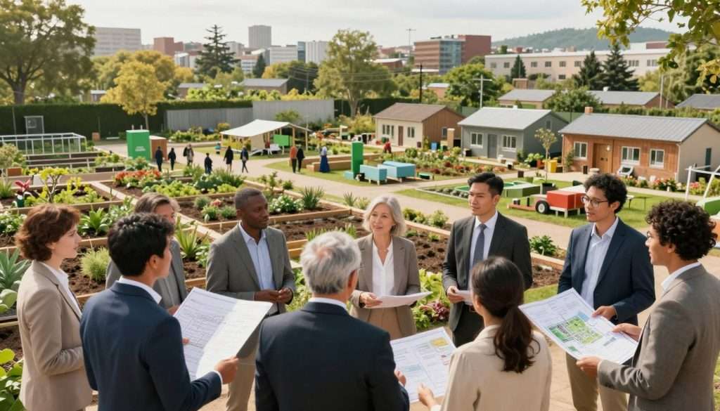 A vibrant community scene depicting an equity-based economic system through community land ownership. In the foreground, diverse individuals in professional business attire are engaged in discussions, holding blueprints and plans for shared spaces. The middle ground features sustainable housing, gardens, and communal areas, showcasing green technologies and shared resources. The background includes greenery and panoramic views of a flourishing urban environment, symbolizing prosperity and environmental harmony. Soft, warm lighting captures the optimism of collaboration and inclusivity. A wide-angle perspective emphasizes the interconnectedness of the community, portraying an atmosphere of hope, equity, and shared responsibility for a sustainable future. A vibrant community scene depicting an equity-based economic system through community land ownership. In the foreground, diverse individuals in professional business attire are engaged in discussions, holding blueprints and plans for shared spaces. The middle ground features sustainable housing, gardens, and communal areas, showcasing green technologies and shared resources. The background includes greenery and panoramic views of a flourishing urban environment, symbolizing prosperity and environmental harmony. Soft, warm lighting captures the optimism of collaboration and inclusivity. A wide-angle perspective emphasizes the interconnectedness of the community, portraying an atmosphere of hope, equity, and shared responsibility for a sustainable future.