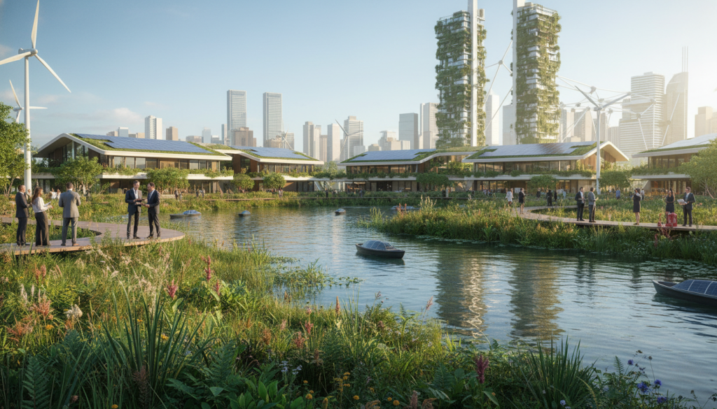 A vibrant urban wetland sanctuary in Maceio, 2050, showcasing innovative climate adaptation features. In the foreground, lush greenery and diverse native plants surround a tranquil waterway, where small boats glide through crystal-clear waters. Middle ground elements include modern, eco-friendly architecture with solar panels and wind turbines integrated into the landscape. People in professional attire are actively engaging with the environment, discussing sustainability. The background presents a futuristic skyline with vertical gardens and smart buildings, under a bright, sunny sky. Soft sunlight enhances the scene, creating warm reflections on the water. The mood is optimistic and forward-looking, embodying a harmonious balance between nature and urban life. A vibrant urban wetland sanctuary in Maceio, 2050, showcasing innovative climate adaptation features. In the foreground, lush greenery and diverse native plants surround a tranquil waterway, where small boats glide through crystal-clear waters. Middle ground elements include modern, eco-friendly architecture with solar panels and wind turbines integrated into the landscape. People in professional attire are actively engaging with the environment, discussing sustainability. The background presents a futuristic skyline with vertical gardens and smart buildings, under a bright, sunny sky. Soft sunlight enhances the scene, creating warm reflections on the water. The mood is optimistic and forward-looking, embodying a harmonious balance between nature and urban life.