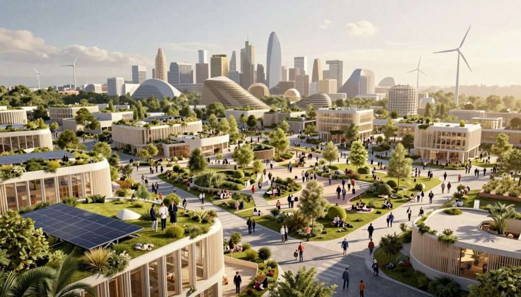 A visionary architectural blueprint for Telosa designed by Bjarke Ingels Group, showcasing a futuristic sustainable city. In the foreground, modern, eco-friendly buildings with green roofs and solar panels, bustling with people in professional business attire and modest casual clothing. The middle ground features communal spaces filled with lush gardens, walkways, and recreational areas, highlighting community engagement. The background displays a skyline of unique, innovative structures interspersed with wind turbines and urban farming. Soft, golden hour lighting casts warm shadows, while a wide-angle view emphasizes the city's expansive layout. The atmosphere is optimistic and vibrant, conveying a sense of hope for a sustainable future for 5 million residents. A visionary architectural blueprint for Telosa designed by Bjarke Ingels Group, showcasing a futuristic sustainable city. In the foreground, modern, eco-friendly buildings with green roofs and solar panels, bustling with people in professional business attire and modest casual clothing. The middle ground features communal spaces filled with lush gardens, walkways, and recreational areas, highlighting community engagement. The background displays a skyline of unique, innovative structures interspersed with wind turbines and urban farming. Soft, golden hour lighting casts warm shadows, while a wide-angle view emphasizes the city's expansive layout. The atmosphere is optimistic and vibrant, conveying a sense of hope for a sustainable future for 5 million residents.