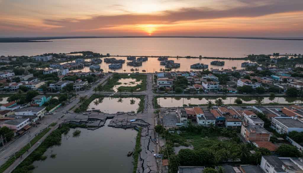 Aerial view of the Mundaú Lagoon, showcasing significant geological subsidence damage affecting nearby neighborhoods. In the foreground, cracked pavement and tilted houses, surrounded by overgrown vegetation and debris, convey the impact of the mining disaster. In the middle ground, partially submerged homes illustrate the gradual sinking, while distressed residents in professional attire assess the damage, embodying a resilient spirit amidst adversity. The background features the lagoon's water, glistening under a dramatic sunset, casting warm orange and purple hues. Soft, diffused lighting enhances the somber yet hopeful atmosphere, using a wide-angle lens to capture the expansive scene and convey the scale of the devastation. Aerial view of the Mundaú Lagoon, showcasing significant geological subsidence damage affecting nearby neighborhoods. In the foreground, cracked pavement and tilted houses, surrounded by overgrown vegetation and debris, convey the impact of the mining disaster. In the middle ground, partially submerged homes illustrate the gradual sinking, while distressed residents in professional attire assess the damage, embodying a resilient spirit amidst adversity. The background features the lagoon's water, glistening under a dramatic sunset, casting warm orange and purple hues. Soft, diffused lighting enhances the somber yet hopeful atmosphere, using a wide-angle lens to capture the expansive scene and convey the scale of the devastation.
