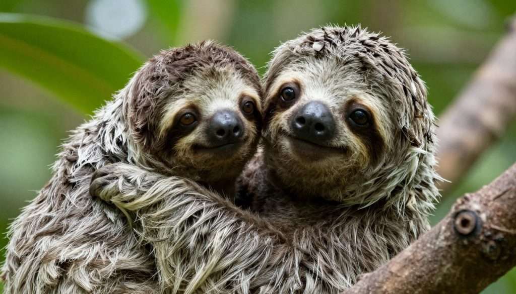 Baby sloth with adorable expression clinging to mother Baby sloth with adorable expression clinging to mother