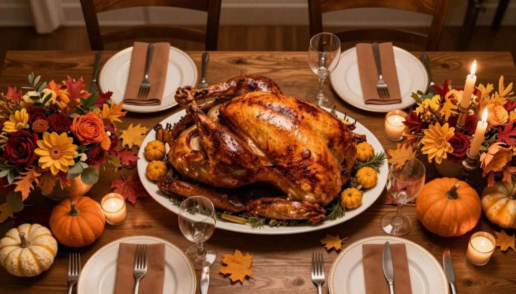 Beautifully decorated Thanksgiving table with turkey and autumn decorations Beautifully decorated Thanksgiving table with turkey and autumn decorations