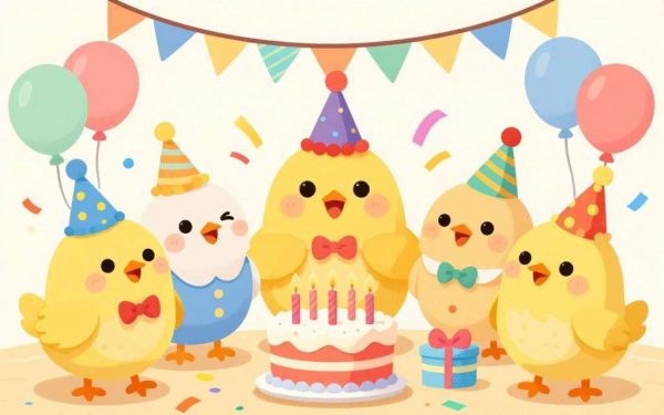 Birthday party scene with chickens wearing party hats Birthday party scene with chickens wearing party hats