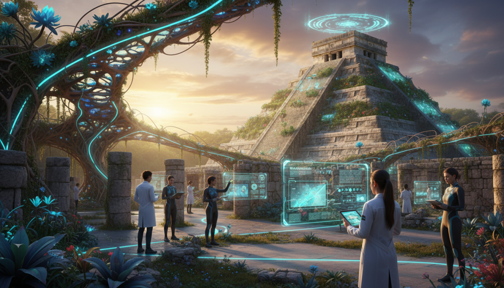 Chichen Itza in the year 2050, reimagined with advanced biotechnological preservation techniques. In the foreground, surreal, lush greenery merges with ancient stone structures, showcasing innovative bio-architecture that integrates seamlessly with historical ruins. In the middle ground, holographic displays and interactive holograms provide visitors with information about preservation efforts, while people in professional attire observe and interact, showcasing a blend of technology and heritage. In the background, the iconic pyramid is adorned with vertical gardens and solar panels, under a vibrant sunset sky, warm golden light reflecting off the stones. The atmosphere is one of harmony and respect for ancient culture, emphasizing a futuristic yet reverent approach to heritage conservation. Chichen Itza in the year 2050, reimagined with advanced biotechnological preservation techniques. In the foreground, surreal, lush greenery merges with ancient stone structures, showcasing innovative bio-architecture that integrates seamlessly with historical ruins. In the middle ground, holographic displays and interactive holograms provide visitors with information about preservation efforts, while people in professional attire observe and interact, showcasing a blend of technology and heritage. In the background, the iconic pyramid is adorned with vertical gardens and solar panels, under a vibrant sunset sky, warm golden light reflecting off the stones. The atmosphere is one of harmony and respect for ancient culture, emphasizing a futuristic yet reverent approach to heritage conservation.