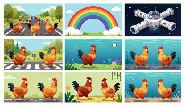 Chicken crossing various funny roads and situations Chicken crossing various funny roads and situations