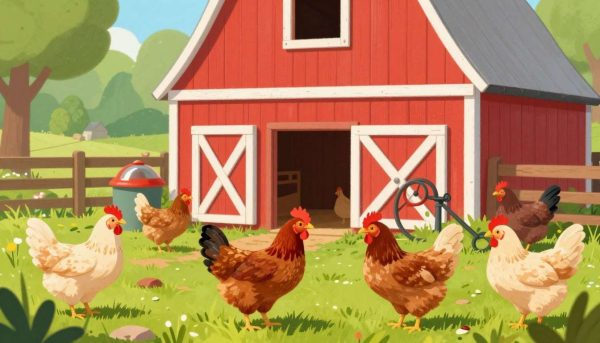 Chickens in colorful coop with funny farm setting Chickens in colorful coop with funny farm setting