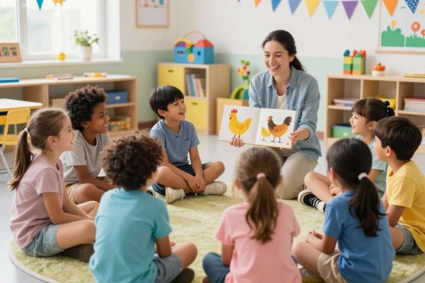 Children laughing at chicken jokes in classroom setting Children laughing at chicken jokes in classroom setting