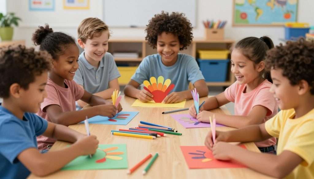 Children laughing while making turkey crafts at school Children laughing while making turkey crafts at school
