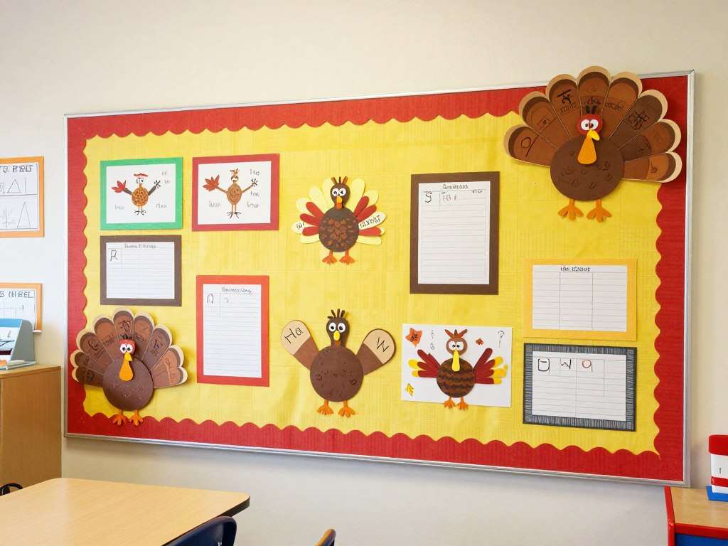 Classroom bulletin board decorated with turkey puns and student artwork Classroom bulletin board decorated with turkey puns and student artwork