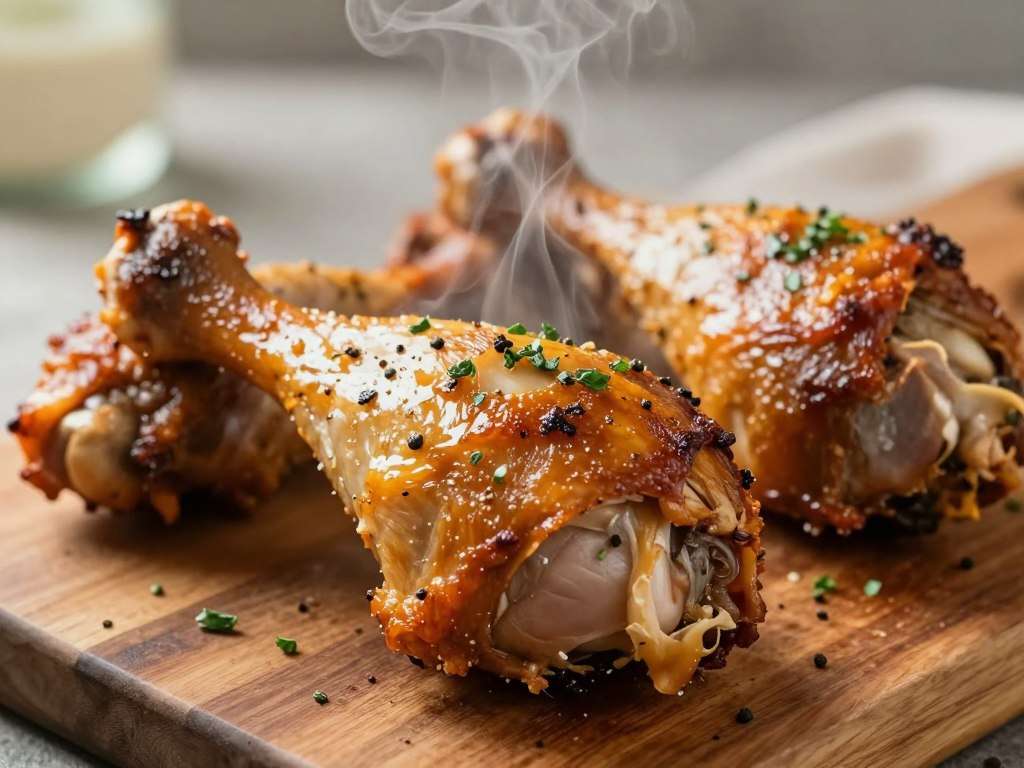 Close-up of golden-brown turkey drumsticks with herbs and garnish Close-up of golden-brown turkey drumsticks with herbs and garnish