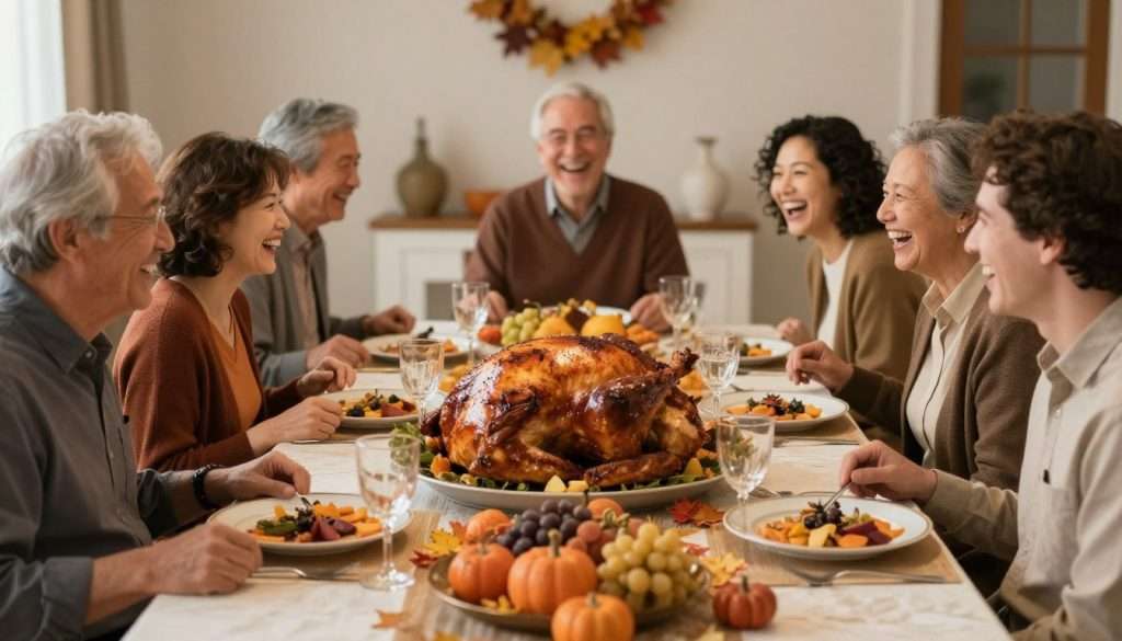 Family laughing together at Thanksgiving dinner table with turkey centerpiece Family laughing together at Thanksgiving dinner table with turkey centerpiece