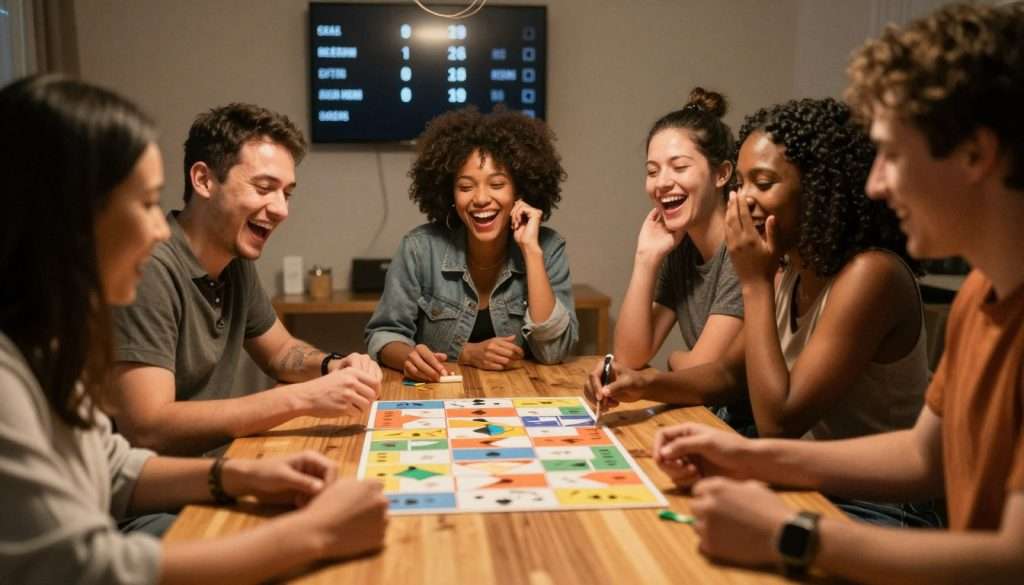 Friends playing turkey pun game at party with scoreboard visible Friends playing turkey pun game at party with scoreboard visible