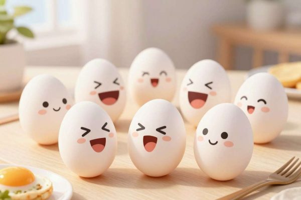 Funny eggs with faces showing different expressions and pun captions Funny eggs with faces showing different expressions and pun captions