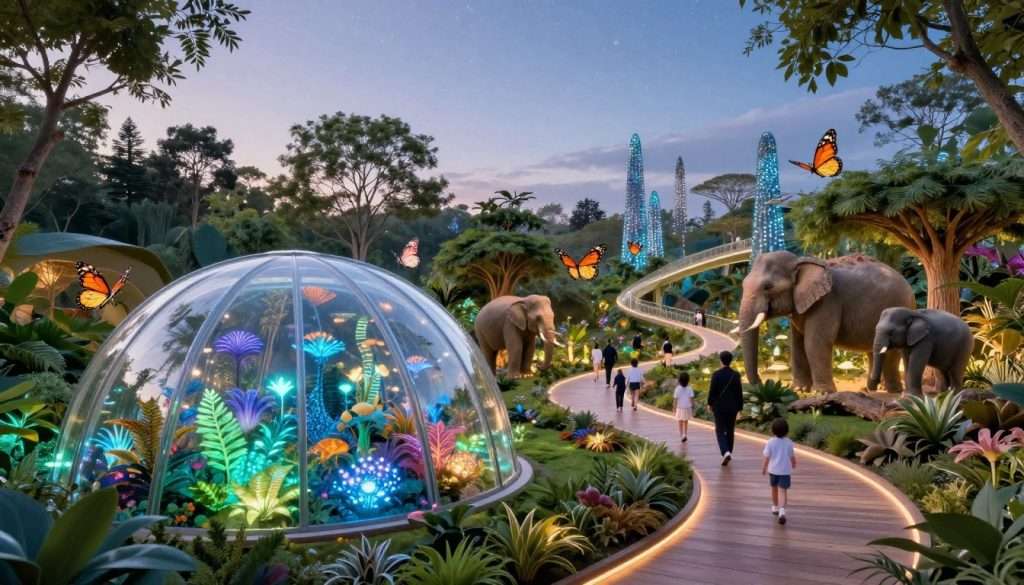 Futuristic bio-zoo concept showcasing Neverland Ranch redevelopment. In the foreground, a glimmering glass dome housing diverse bioluminescent plants, illuminating soft, ethereal colors like blue and green. Exotic, humane animal habitats surround the dome, allowing animals like gentle elephants and vibrant butterflies to coexist peacefully with visitors. The middle ground features a sleek, winding walkway made from sustainable materials, guiding families and children in professional attire, observing the harmonious environment. The background presents lush, vibrant foliage and tall, shimmering trees under a twilight sky filled with stars, creating a magical atmosphere. Use soft, ambient lighting to enhance the serene and welcoming mood, with a slightly elevated perspective for depth. Futuristic bio-zoo concept showcasing Neverland Ranch redevelopment. In the foreground, a glimmering glass dome housing diverse bioluminescent plants, illuminating soft, ethereal colors like blue and green. Exotic, humane animal habitats surround the dome, allowing animals like gentle elephants and vibrant butterflies to coexist peacefully with visitors. The middle ground features a sleek, winding walkway made from sustainable materials, guiding families and children in professional attire, observing the harmonious environment. The background presents lush, vibrant foliage and tall, shimmering trees under a twilight sky filled with stars, creating a magical atmosphere. Use soft, ambient lighting to enhance the serene and welcoming mood, with a slightly elevated perspective for depth.