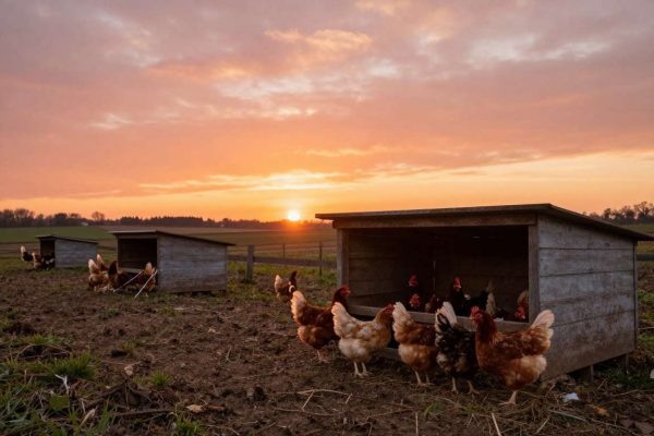 Happy chickens at sunset on farm representing conclusion Happy chickens at sunset on farm representing conclusion