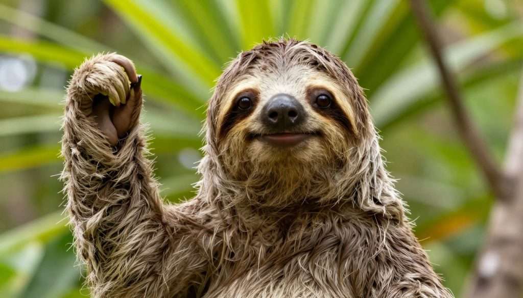 Happy sloth waving goodbye with friendly expression Happy sloth waving goodbye with friendly expression