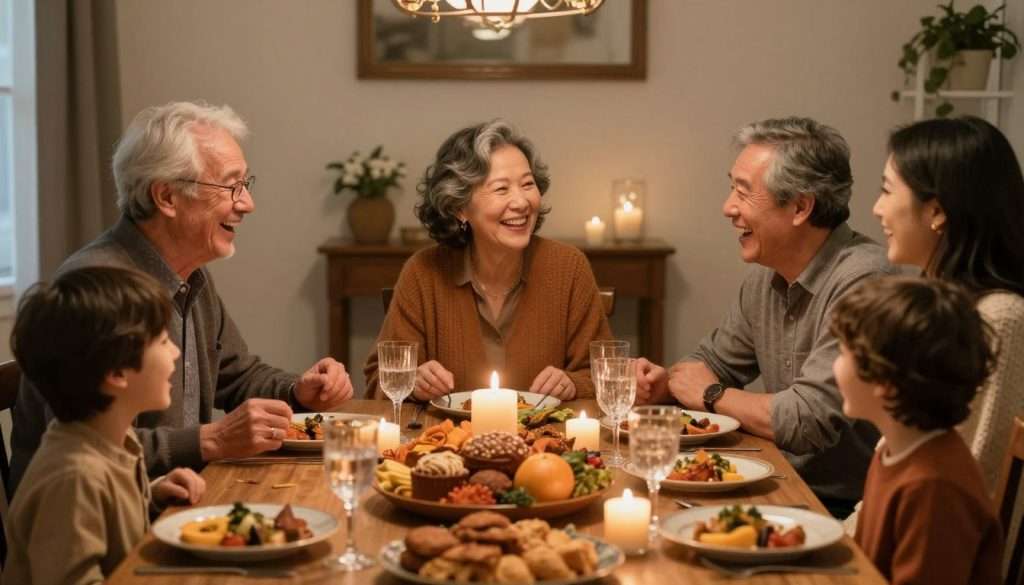 Multi-generational family sharing turkey puns and laughing together Multi-generational family sharing turkey puns and laughing together