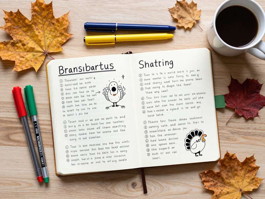 Notepad with brainstorming notes for turkey puns surrounded by creative tools Notepad with brainstorming notes for turkey puns surrounded by creative tools