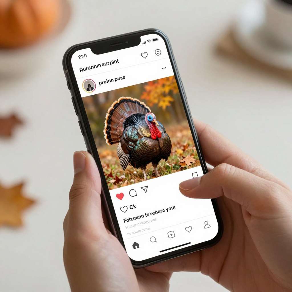 Phone screen showing turkey pun being shared on social media with likes and comments