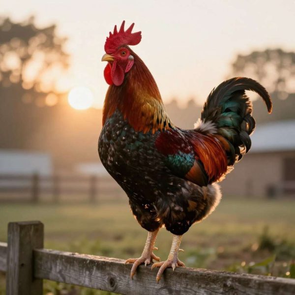 Proud rooster standing on fence with confident expression Proud rooster standing on fence with confident expression
