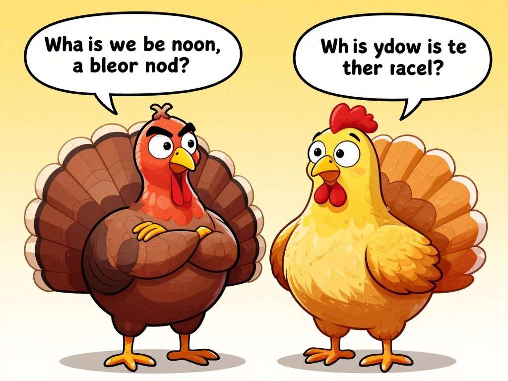 Side-by-side comparison of cartoon turkey and chicken looking at each other Side-by-side comparison of cartoon turkey and chicken looking at each other