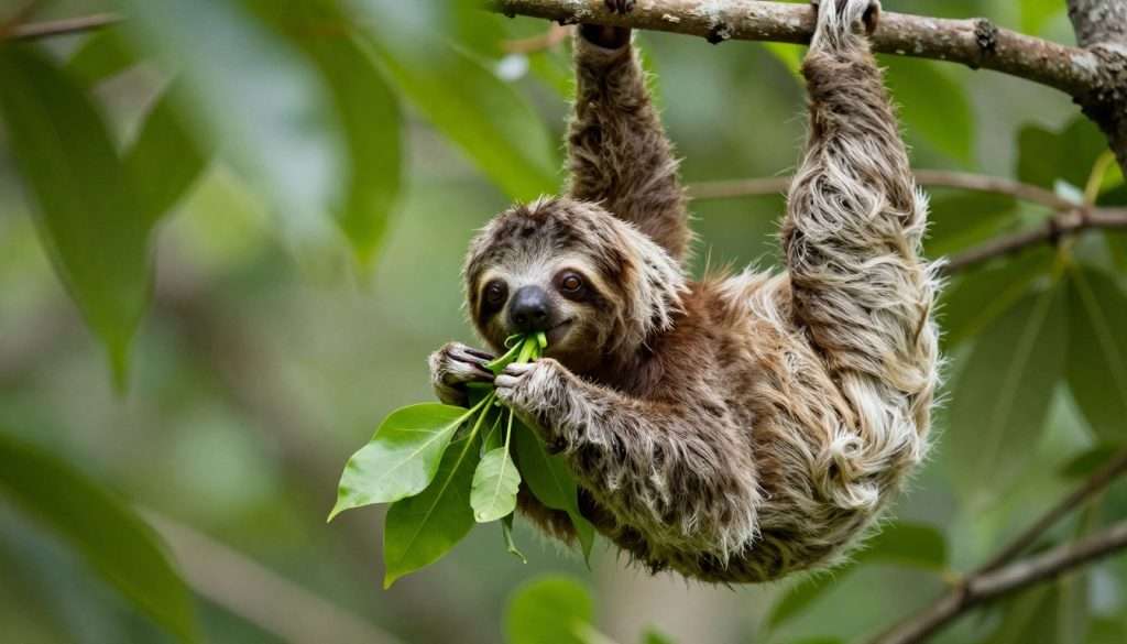 Sloth eating leaves with satisfied expression while hanging from branch Sloth eating leaves with satisfied expression while hanging from branch