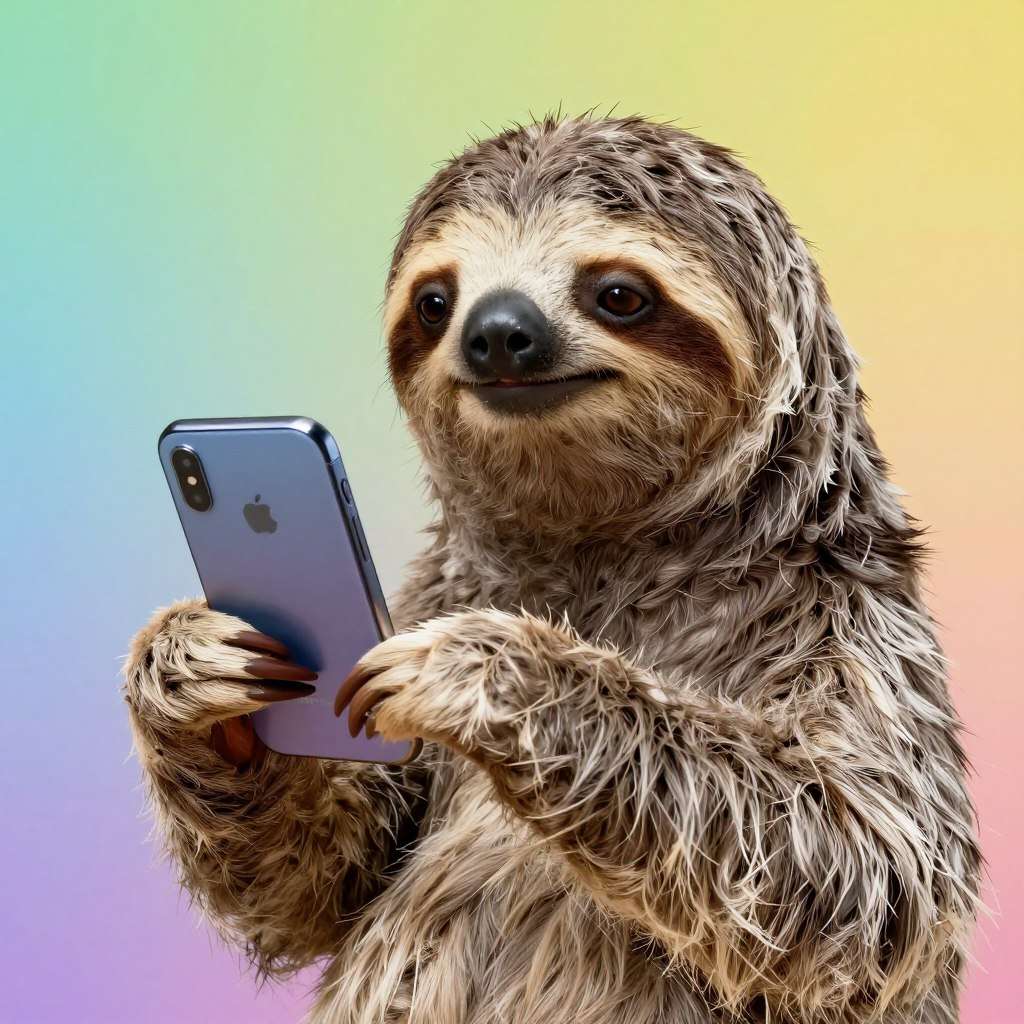 Sloth holding smartphone looking at screen with interested expression Sloth holding smartphone looking at screen with interested expression