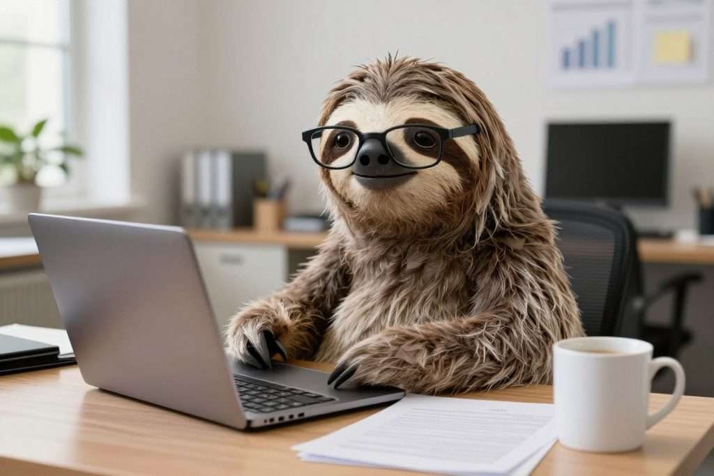 Sloth sitting at desk with computer wearing glasses Sloth sitting at desk with computer wearing glasses
