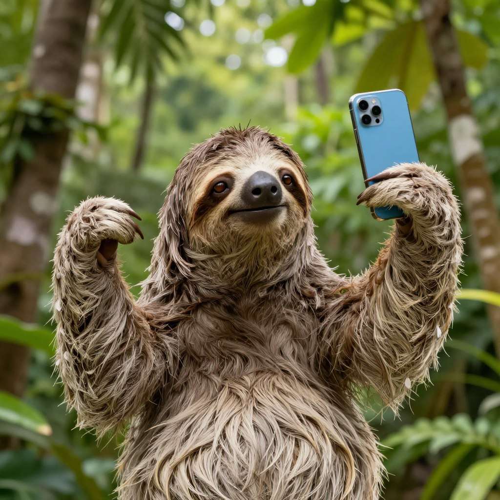 Sloth taking a selfie with smartphone in tropical setting Sloth taking a selfie with smartphone in tropical setting
