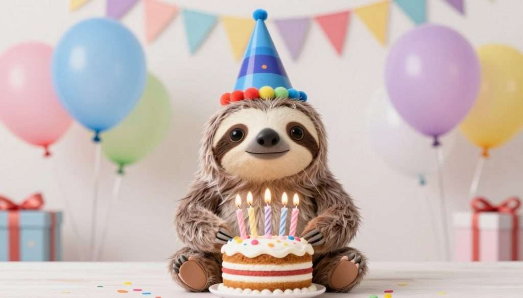Sloth wearing party hat with birthday cake and balloons Sloth wearing party hat with birthday cake and balloons