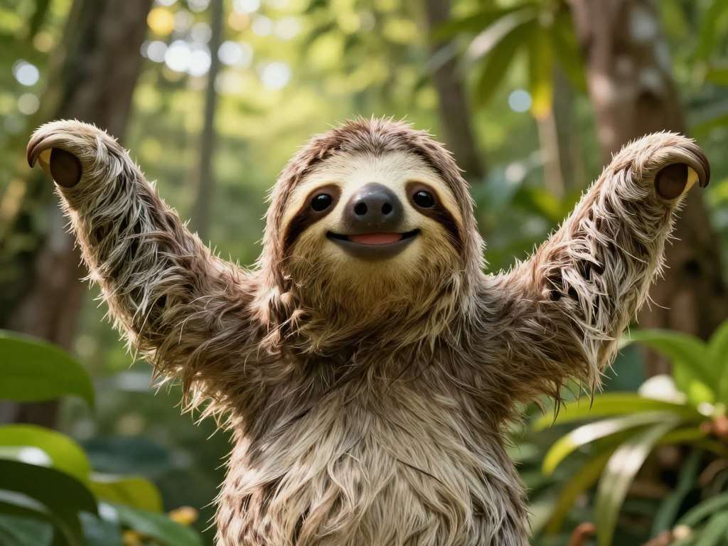 Smiling sloth with arms outstretched in welcoming gesture Smiling sloth with arms outstretched in welcoming gesture