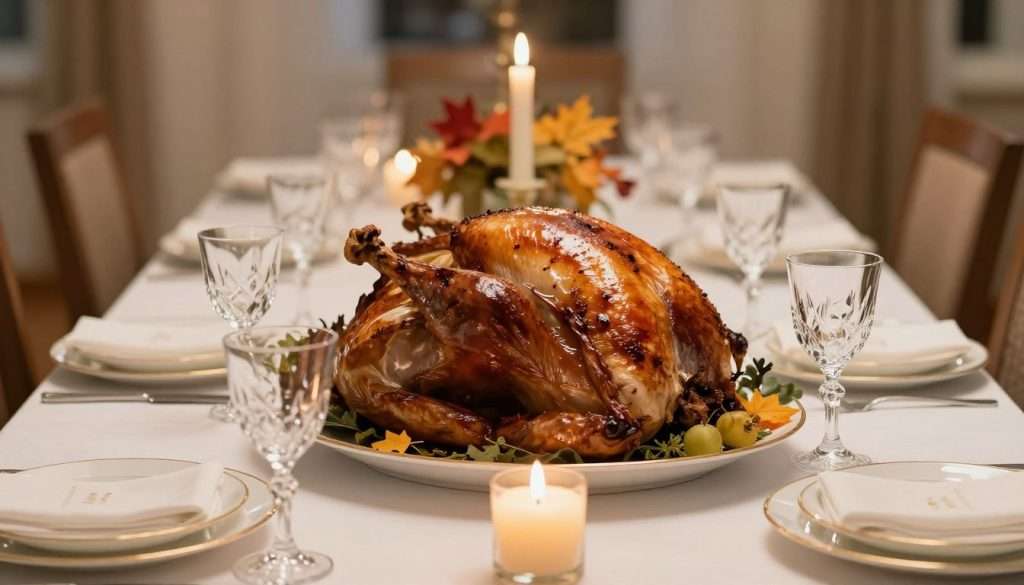 Sophisticated dinner party setting with turkey centerpiece and elegant decorations Sophisticated dinner party setting with turkey centerpiece and elegant decorations