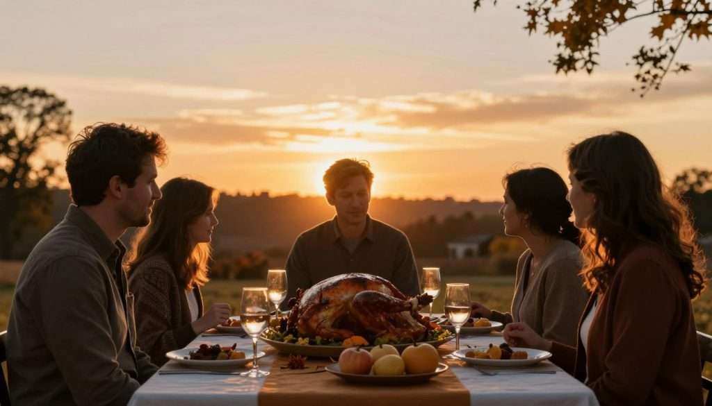 Sunset scene with family silhouettes and turkey dinner celebration Sunset scene with family silhouettes and turkey dinner celebration