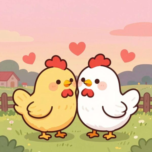 Two cartoon chickens with hearts showing romantic scene Two cartoon chickens with hearts showing romantic scene
