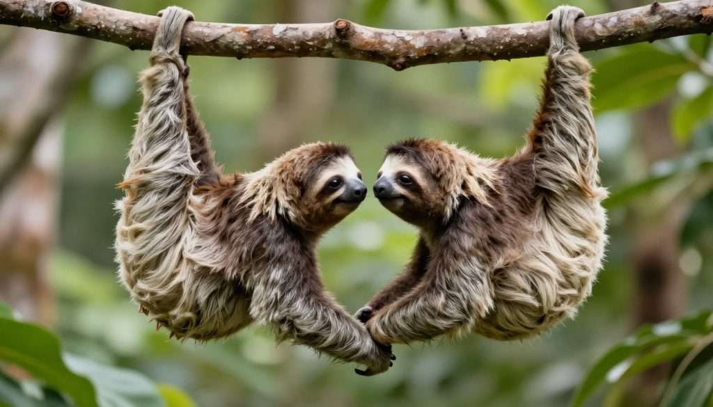 Two sloths hanging together in heart shape formation Two sloths hanging together in heart shape formation