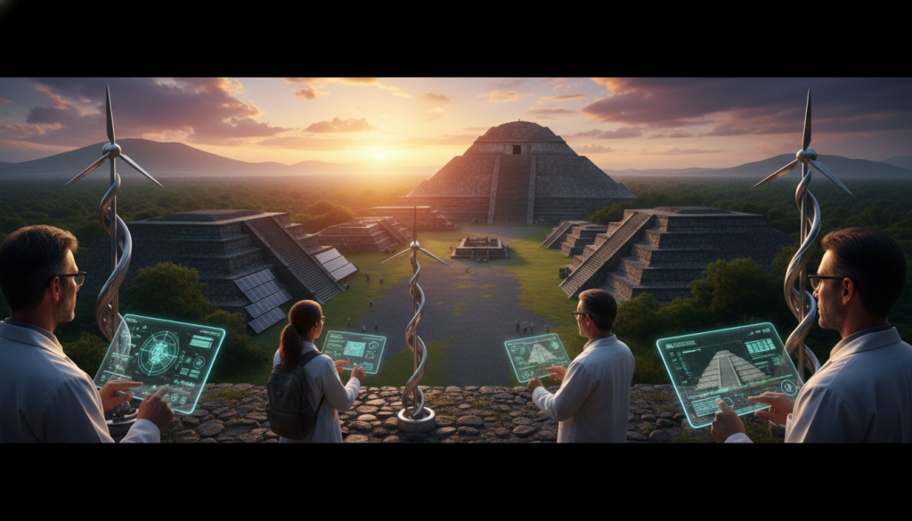 A panoramic view of the Pyramids of the Sun and Moon in Teotihuacan, surrounded by lush greenery, symbolizing high-tech conservation efforts. In the foreground, sleek, modern solar panels and innovative wind turbines seamlessly integrate with ancient stone structures, illustrating the blend of tradition and technology. The middle ground features scientists in professional attire analyzing conservation data on tablets, while researchers work collaboratively. In the background, a radiant sunset casts warm light on the pyramids, creating an ethereal glow. The sky transitions from daylight to twilight, evoking a sense of urgency and hope. The atmosphere is one of determination and innovation, highlighting the moral imperative of sustainable preservation. Depth of field should focus on the pyramids, while the scientists remain sharply defined, with a soft-focus background. A panoramic view of the Pyramids of the Sun and Moon in Teotihuacan, surrounded by lush greenery, symbolizing high-tech conservation efforts. In the foreground, sleek, modern solar panels and innovative wind turbines seamlessly integrate with ancient stone structures, illustrating the blend of tradition and technology. The middle ground features scientists in professional attire analyzing conservation data on tablets, while researchers work collaboratively. In the background, a radiant sunset casts warm light on the pyramids, creating an ethereal glow. The sky transitions from daylight to twilight, evoking a sense of urgency and hope. The atmosphere is one of determination and innovation, highlighting the moral imperative of sustainable preservation. Depth of field should focus on the pyramids, while the scientists remain sharply defined, with a soft-focus background.