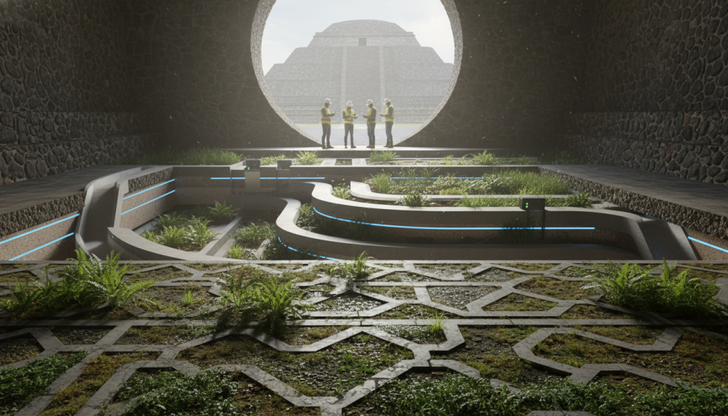 A subterranean view of the Avenue of the Dead, highlighting an advanced stormwater management system. In the foreground, intricate networks of permeable pavement are seen, embedded with a variety of green vegetation and moss capturing stormwater runoff. The middle ground showcases innovative drainage channels and bioretention areas, displaying modern technology seamlessly integrated into ancient stone infrastructure. The background features the monumental pyramid of the Sun, partially visible through an open excavation site, where engineering teams in professional attire examine the sustainable systems. Soft, diffused lighting filters through the excavation, creating a serene, otherworldly atmosphere, while a wide-angle lens captures the grand scale of the site, emphasizing the harmony between nature and engineering. A subterranean view of the Avenue of the Dead, highlighting an advanced stormwater management system. In the foreground, intricate networks of permeable pavement are seen, embedded with a variety of green vegetation and moss capturing stormwater runoff. The middle ground showcases innovative drainage channels and bioretention areas, displaying modern technology seamlessly integrated into ancient stone infrastructure. The background features the monumental pyramid of the Sun, partially visible through an open excavation site, where engineering teams in professional attire examine the sustainable systems. Soft, diffused lighting filters through the excavation, creating a serene, otherworldly atmosphere, while a wide-angle lens captures the grand scale of the site, emphasizing the harmony between nature and engineering.