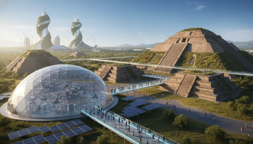 An aerial view of Teotihuacan in 2050, showcasing advanced conservation technology seamlessly integrated with the ancient pyramids. The foreground features a sleek, transparent dome housing drones and solar panels, reflecting soft sunlight. In the middle, vibrant greenery surrounds the restored Pyramid of the Sun, with high-tech pathways guiding visitors. The background reveals an expansive, illuminated skyline of high-altitude structures designed for sustainability and heritage preservation. The atmosphere is serene yet futuristic, with a clear blue sky and scattered clouds, emphasizing a harmonious blend of history and innovation. The scene is captured in a wide-angle perspective to convey grandeur and scale, using natural lighting to create warmth and connection to the ancient site. An aerial view of Teotihuacan in 2050, showcasing advanced conservation technology seamlessly integrated with the ancient pyramids. The foreground features a sleek, transparent dome housing drones and solar panels, reflecting soft sunlight. In the middle, vibrant greenery surrounds the restored Pyramid of the Sun, with high-tech pathways guiding visitors. The background reveals an expansive, illuminated skyline of high-altitude structures designed for sustainability and heritage preservation. The atmosphere is serene yet futuristic, with a clear blue sky and scattered clouds, emphasizing a harmonious blend of history and innovation. The scene is captured in a wide-angle perspective to convey grandeur and scale, using natural lighting to create warmth and connection to the ancient site.