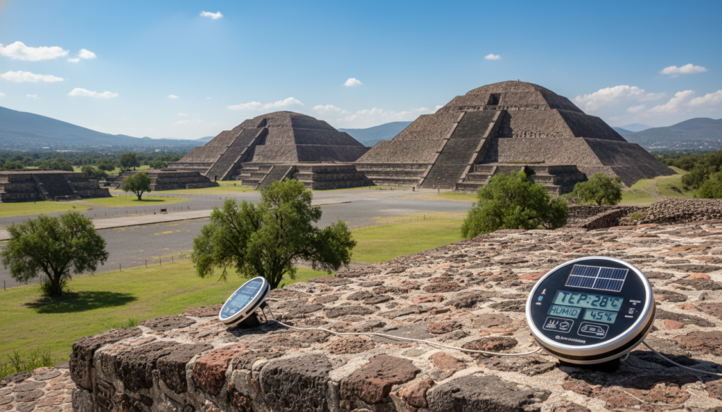 Ancient Teotihuacan preservation monitoring technology in the foreground showcases advanced solar-powered climate sensors delicately attached to historical masonry. The middle ground features the majestic pyramids of Teotihuacan under a bright blue sky, with lush greenery gently swaying in a soft breeze, emphasizing the harmony of nature and technology. In the background, the iconic Avenue of the Dead stretches, framed by distant mountains, giving a sense of depth and scale. The lighting is bright and crisp, highlighting the intricate details of the ancient structures while casting soft shadows that enhance the scene's dynamic range. Capture the mood of innovation and reverence, representing humanity’s commitment to preserving this UNESCO World Heritage Site for future generations. Ancient Teotihuacan preservation monitoring technology in the foreground showcases advanced solar-powered climate sensors delicately attached to historical masonry. The middle ground features the majestic pyramids of Teotihuacan under a bright blue sky, with lush greenery gently swaying in a soft breeze, emphasizing the harmony of nature and technology. In the background, the iconic Avenue of the Dead stretches, framed by distant mountains, giving a sense of depth and scale. The lighting is bright and crisp, highlighting the intricate details of the ancient structures while casting soft shadows that enhance the scene's dynamic range. Capture the mood of innovation and reverence, representing humanity’s commitment to preserving this UNESCO World Heritage Site for future generations.