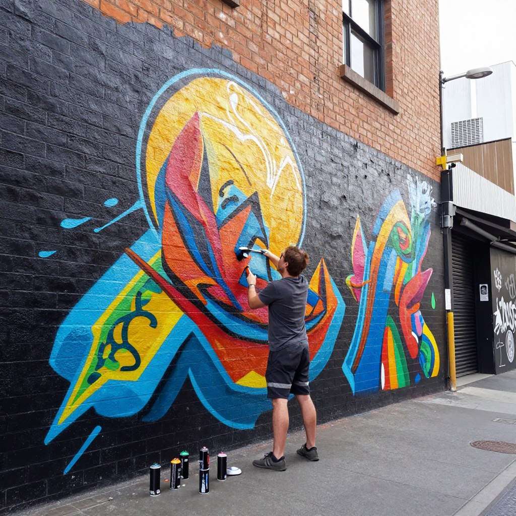 Artist painting mural in Melbourne laneway