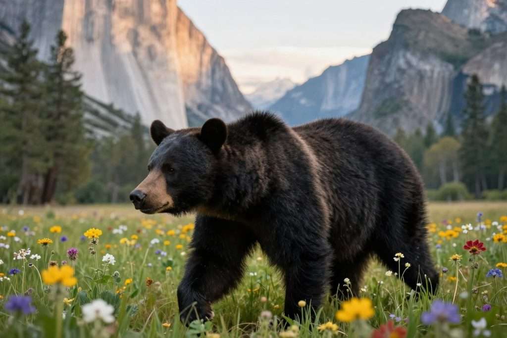 Black bear in Yosemite meadow with wildflowers for wildlife puns Black bear in Yosemite meadow with wildflowers for wildlife puns
