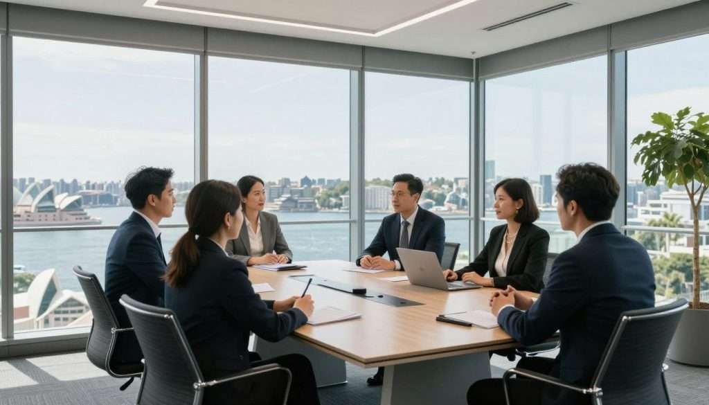 Business meeting in Sydney office with harbor view Business meeting in Sydney office with harbor view