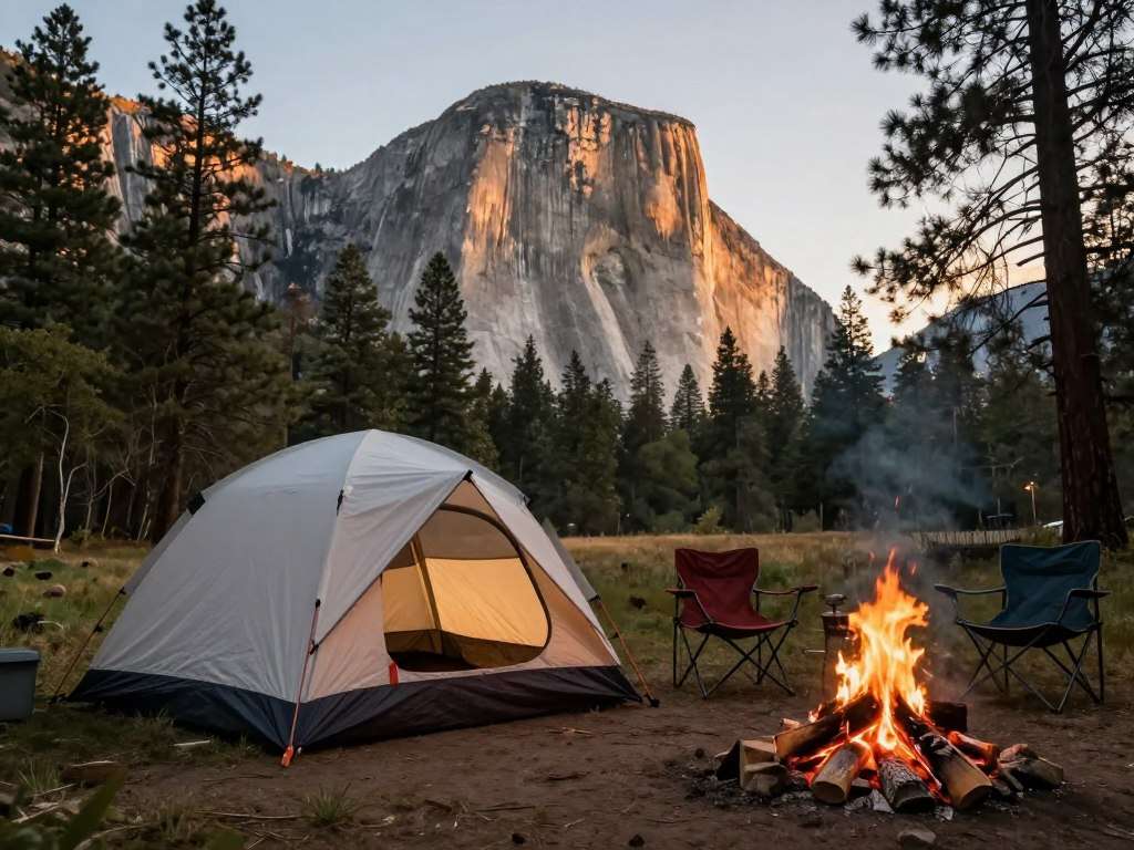 Camping tent setup in Yosemite campground with mountain backdrop Camping tent setup in Yosemite campground with mountain backdrop