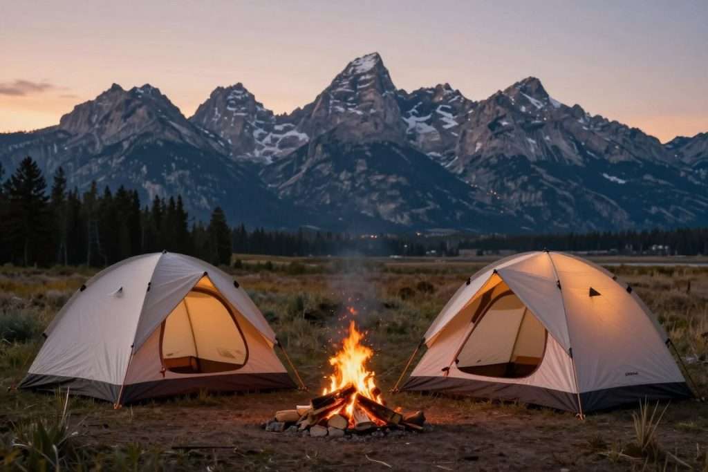 Camping tent with Grand Teton mountain view at sunset Camping tent with Grand Teton mountain view at sunset