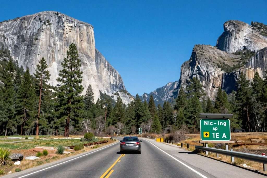 Car on scenic road approaching Yosemite entrance with mountain views Car on scenic road approaching Yosemite entrance with mountain views