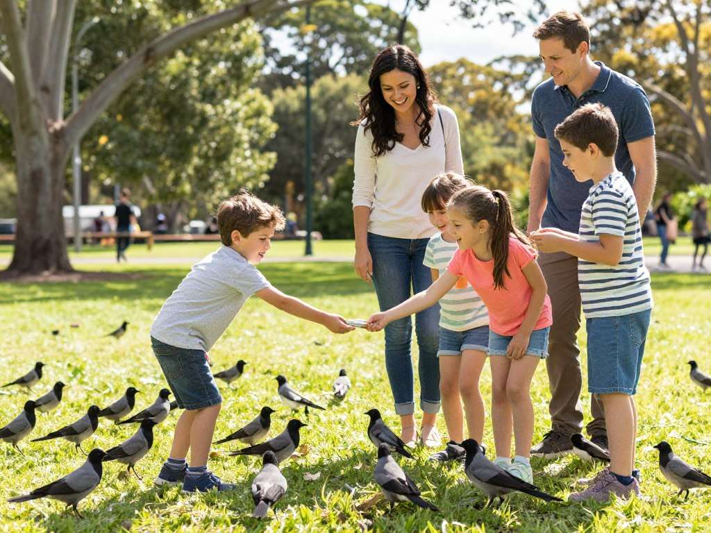 Children feeding birds at Sydney park Children feeding birds at Sydney park