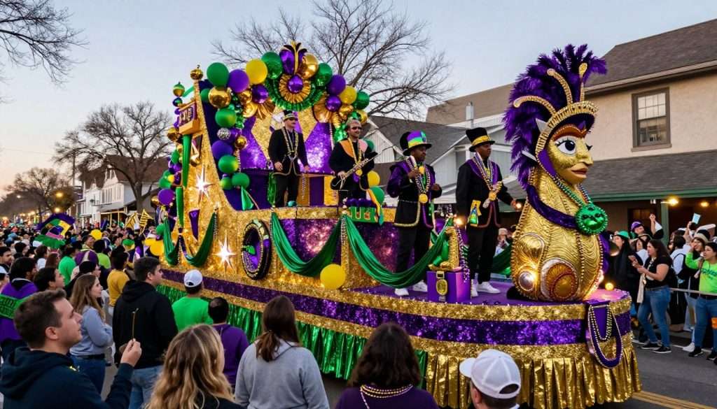 Colorful Mardi Gras parade with elaborate floats and costumes Colorful Mardi Gras parade with elaborate floats and costumes